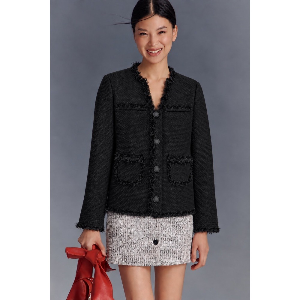 Vintage Doncaster Collection Black Bouclé Tweed Fringe Jacket Size 14
